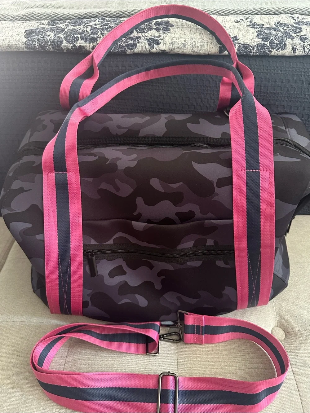 HAUTE SHORE Pink-Trim Slate Gray and Black Camo Duffel Bag